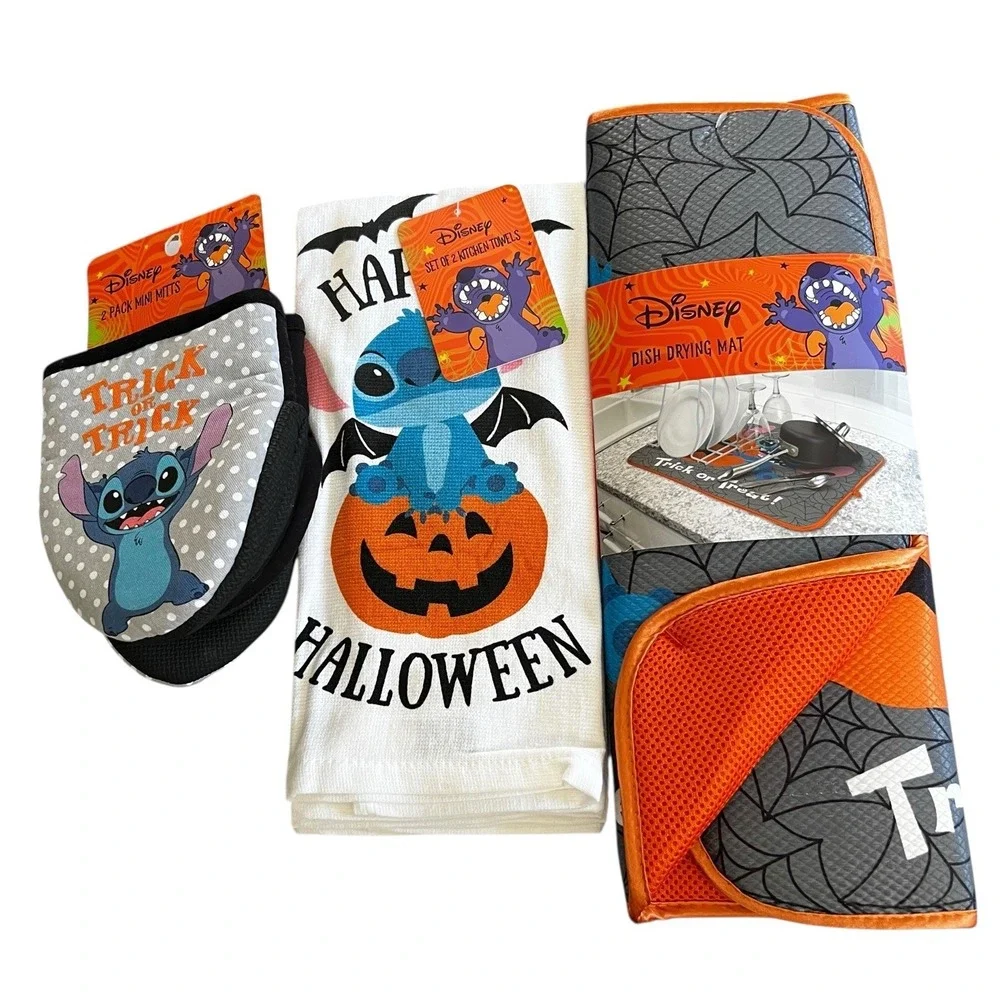 Disney Stitch Halloween Kitchen Set Oven Mitts‎ Towels Dish Drying Mat - Pumpkin